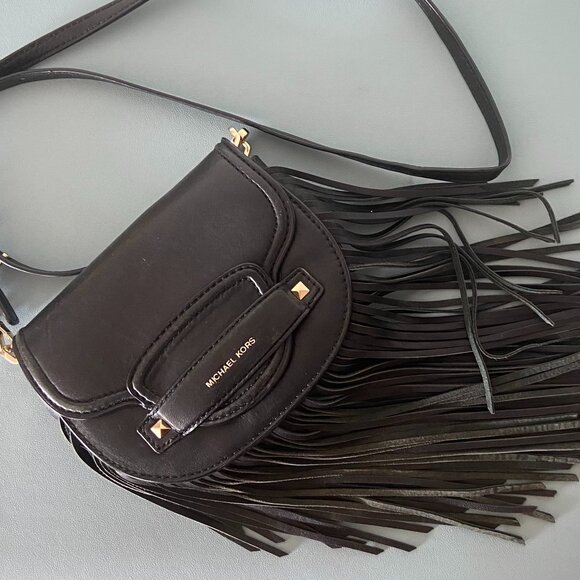 Michael Kors Cary Small Fringed Leather Crossbody Saddle Bag - Picture 1 of 13
